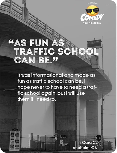 “AS FUN AS TRAFFIC SCHOOL CAN BE.” It was informational and made as fun as traffic school can be. I hope never to have to need a traffic school again, but I will use them if I need to. Cara C., Anaheim, CA